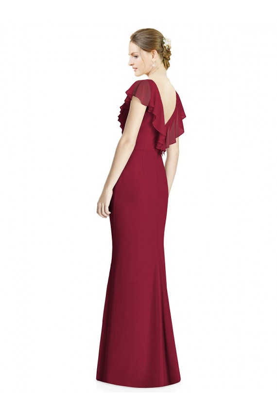 Bordeaux Trompette Col V Mousseline Longue Robes demoiselle d'honneur en Gros