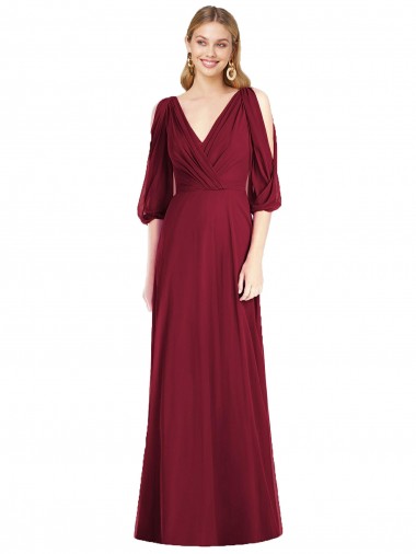 Bordeaux Trompette Col V Mousseline Longue Robes demoiselle d'honneur en Gros