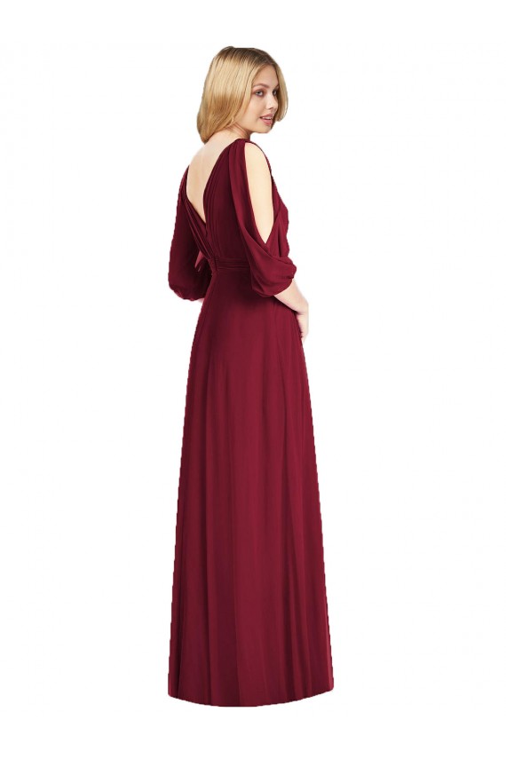 Bordeaux Trompette Col V Mousseline Longue Robes demoiselle d'honneur en Gros