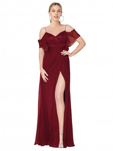 Bordeaux Trompette Épaule Dénudée Mousseline Longue Formelles Robes demoiselle d'honneur / Robes de soirée / Robes de bal en Gros