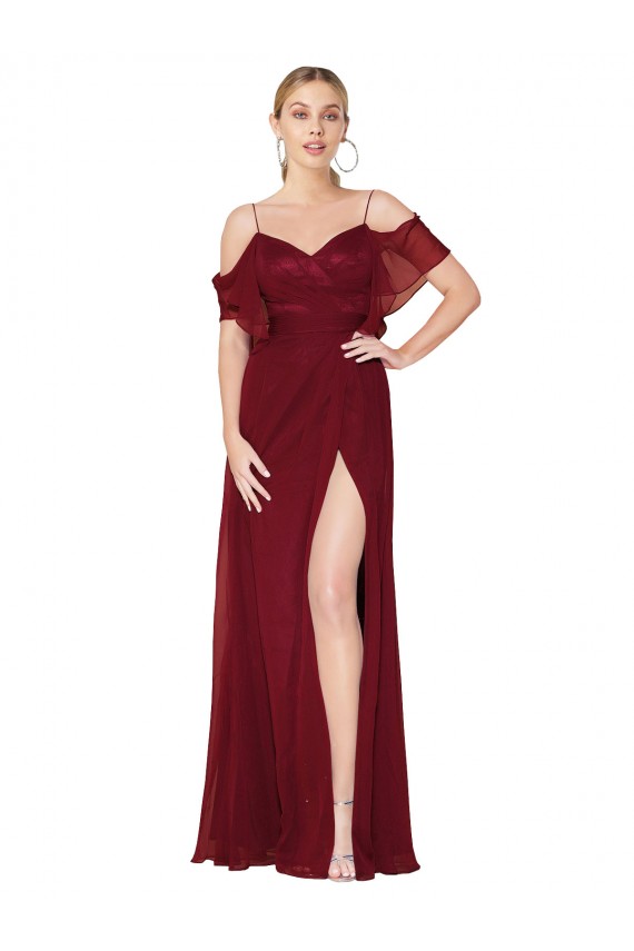 Bordeaux Trompette Épaule Dénudée Mousseline Longue Formelles Robes demoiselle d'honneur / Robes de soirée / Robes de bal en Gros