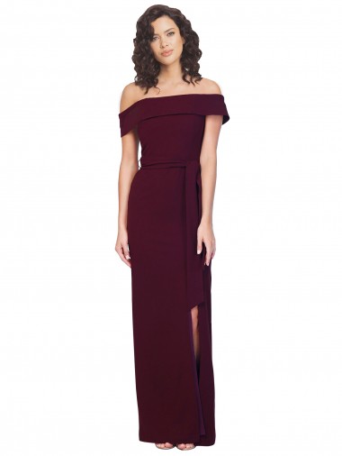 Bordeaux foncé Fourreau Épaule Dénudée Col Carré Crêpe Stretch Longue Formelles Robes demoiselle d'honneur / Robes de soirée / Robes de bal en Gros