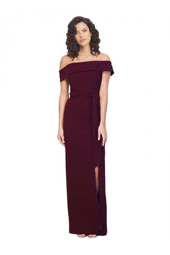 Bordeaux foncé Fourreau Épaule Dénudée Col Carré Crêpe Stretch Longue Formelles Robes demoiselle d'honneur / Robes de soirée / Robes de bal en Gros