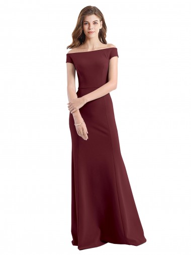 Bordeaux foncé Fourreau Épaule Dénudée Col Haut Crêpe Stretch Longue Robes demoiselle d'honneur / Robes de bal en Gros