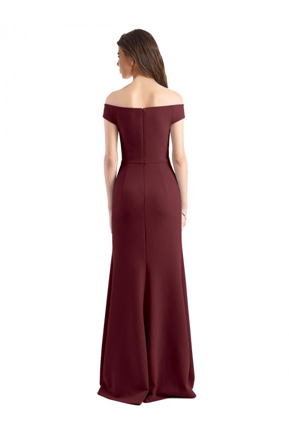 Bordeaux foncé Fourreau Épaule Dénudée Col Haut Crêpe Stretch Longue Robes demoiselle d'honneur / Robes de bal en Gros
