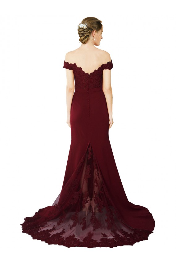 Bordeaux foncé Sirène Épaule Dénudée Balayage train Crêpe Stretch Dentelle Longue Formelles Robes demoiselle d'honneur / Robes de soirée / Robes de bal en Gros
