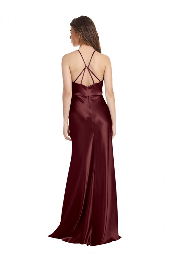 Bordeaux foncé Trapèze Bretelles spaghetti Col V Satiné Stretch Longue Formelles Robes demoiselle d'honneur / Robes de soirée / Robes de bal en Gros