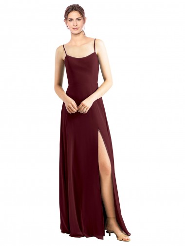 Bordeaux foncé Trapèze Bretelles spaghetti Scoop Mousseline Longue Robes demoiselle d'honneur en Gros