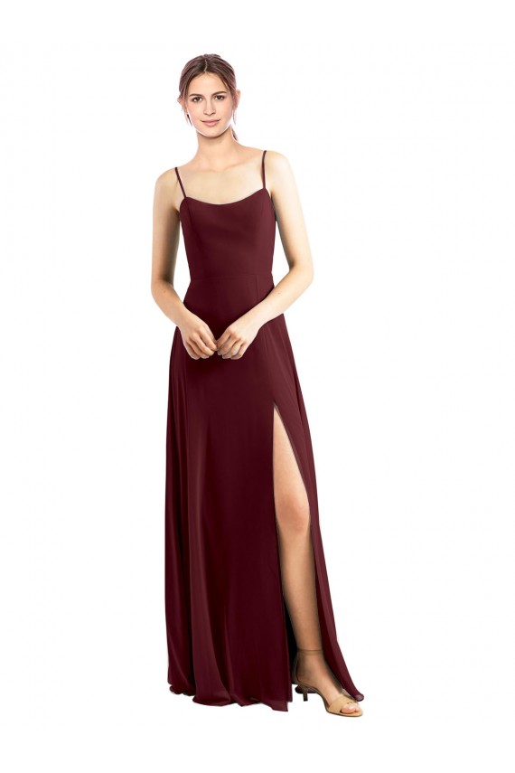 Bordeaux foncé Trapèze Bretelles spaghetti Scoop Mousseline Longue Robes demoiselle d'honneur en Gros