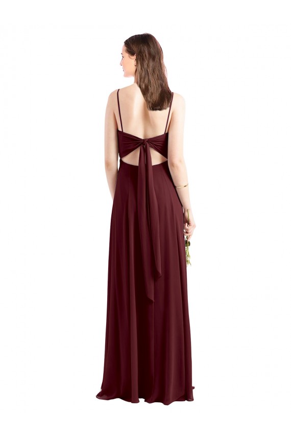 Bordeaux foncé Trapèze Bretelles spaghetti Scoop Mousseline Longue Robes demoiselle d'honneur en Gros