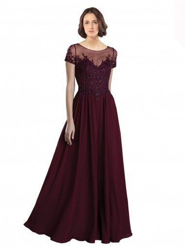 Bordeaux foncé Trapèze Col bijou Tulle Mousseline Longue Robes demoiselle d'honneur en Gros