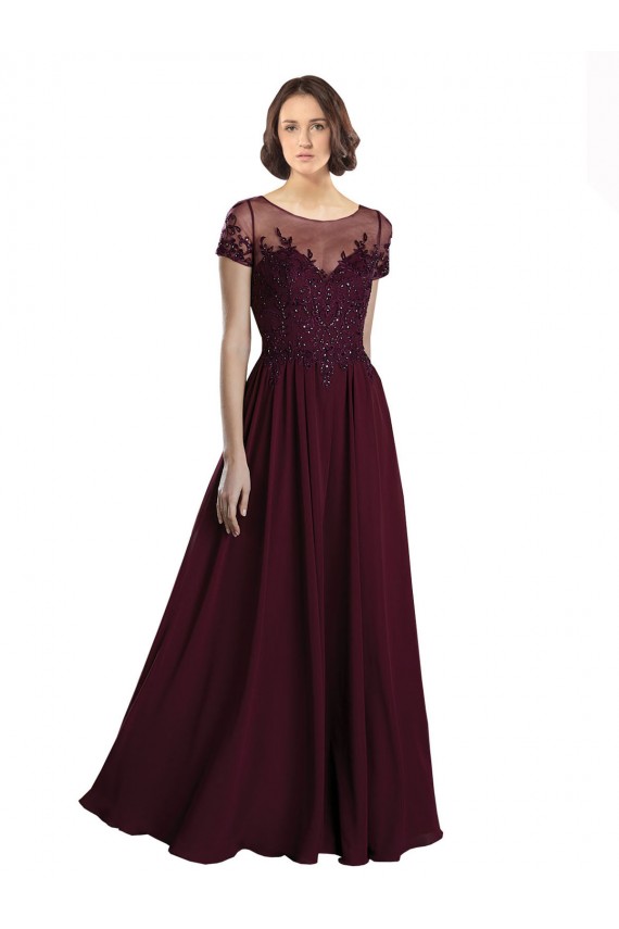 Bordeaux foncé Trapèze Col bijou Tulle Mousseline Longue Robes demoiselle d'honneur en Gros