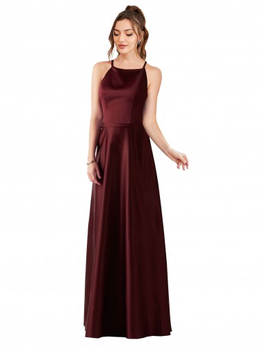 Bordeaux foncé Trapèze Licou Satiné Longue Robes demoiselle d'honneur / Robes de bal en Gros