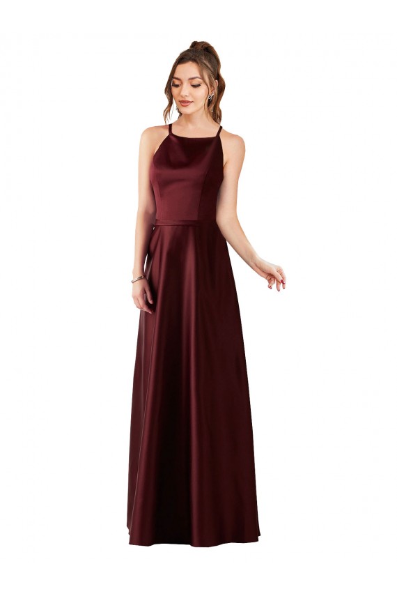 Bordeaux foncé Trapèze Licou Satiné Longue Robes demoiselle d'honneur / Robes de bal en Gros