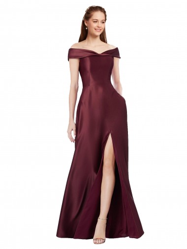 Bordeaux foncé Trapèze Épaule Dénudée Sans bretelle Satiné Longue Formelles Robes demoiselle d'honneur / Robes de soirée / Robes de bal en Gros