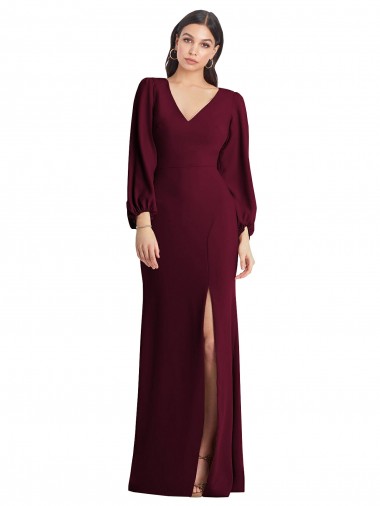Bordeaux foncé Trompette Col V Crêpe Stretch Longue Robes demoiselle d'honneur / Robes de bal en Gros
