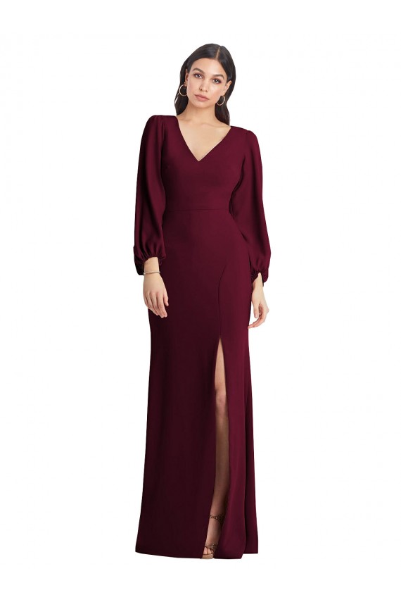 Bordeaux foncé Trompette Col V Crêpe Stretch Longue Robes demoiselle d'honneur / Robes de bal en Gros
