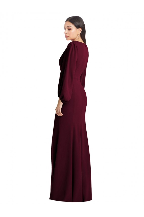 Bordeaux foncé Trompette Col V Crêpe Stretch Longue Robes demoiselle d'honneur / Robes de bal en Gros