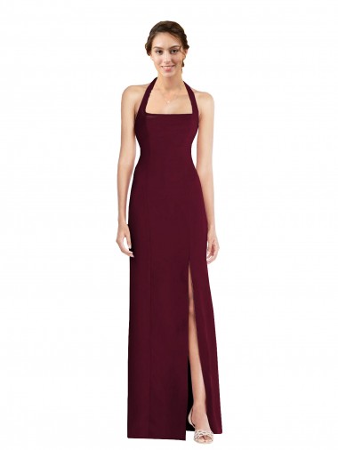 Bordeaux foncé Trompette Licou Crêpe Stretch Longue Robes demoiselle d'honneur / Robes de bal en Gros