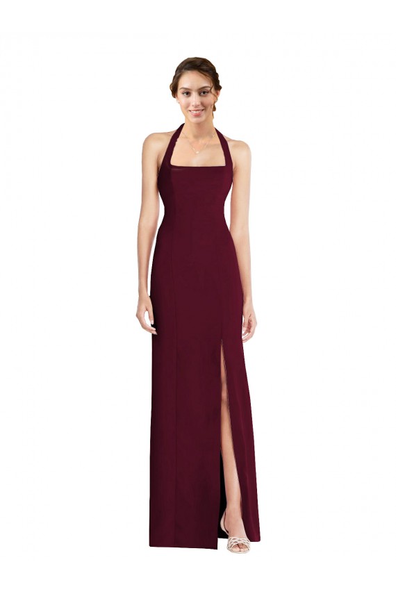 Bordeaux foncé Trompette Licou Crêpe Stretch Longue Robes demoiselle d'honneur / Robes de bal en Gros