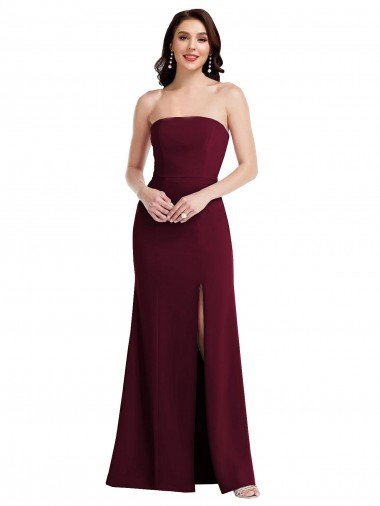 Bordeaux foncé Trompette Sans bretelle Crêpe Stretch Longue Robes demoiselle d'honneur / Robes de bal en Gros