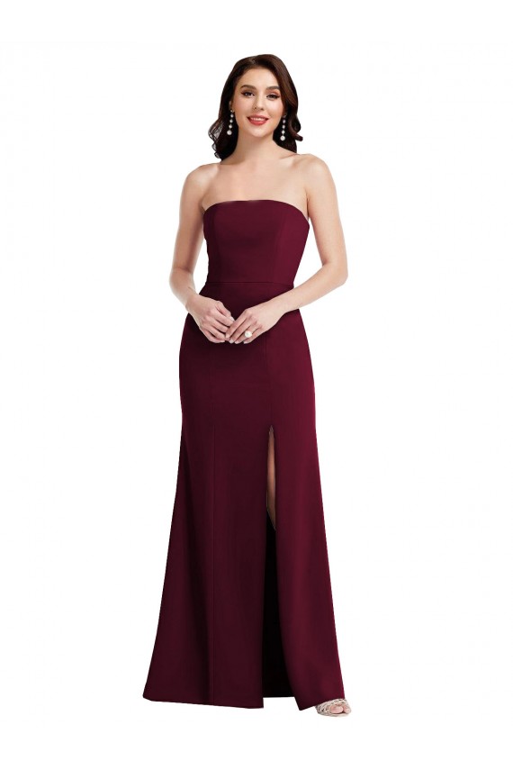 Bordeaux foncé Trompette Sans bretelle Crêpe Stretch Longue Robes demoiselle d'honneur / Robes de bal en Gros