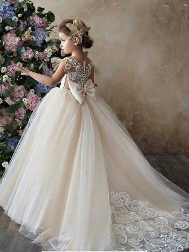 Champagne Princesse Tulle Dentelle Longue Robes de demoiselle d'honneur - fillette en Gros