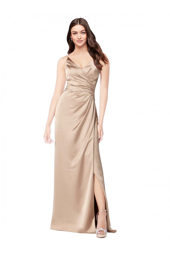 Champagne Rose Trapèze Bretelles spaghetti Col V Satiné Soyeux Longue Formelles Robes demoiselle d'honneur / Robes de soirée / Robes de bal en Gros