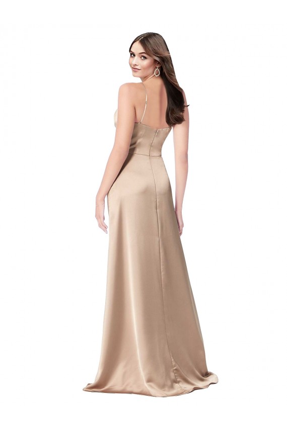 Champagne Rose Trapèze Bretelles spaghetti Col V Satiné Soyeux Longue Formelles Robes demoiselle d'honneur / Robes de soirée / Robes de bal en Gros