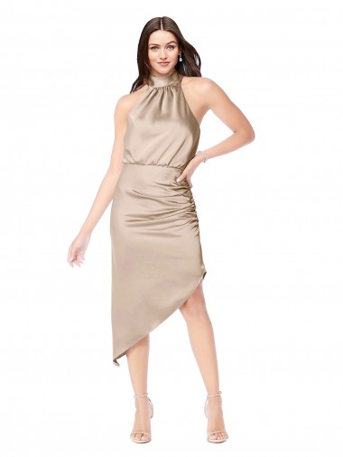 Champagne Rose Trapèze Licou midi Satiné Soyeux Courte Asymétrique Robes demoiselle d'honneur / Robes de bal / Robes de cocktail en Gros