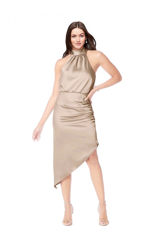 Champagne Rose Trapèze Licou midi Satiné Soyeux Courte Asymétrique Robes demoiselle d'honneur / Robes de bal / Robes de cocktail en Gros