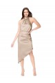 Champagne Rose Trapèze Licou midi Satiné Soyeux Courte Asymétrique Robes demoiselle d'honneur / Robes de bal / Robes de cocktail en Gros