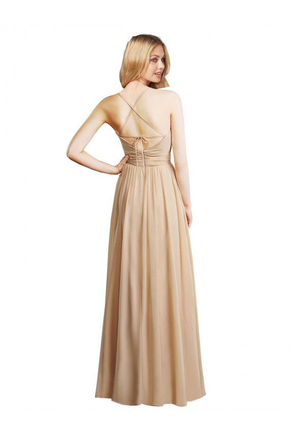 Champagne Trapèze Bretelles spaghetti Mousseline Longue Robes demoiselle d'honneur en Gros