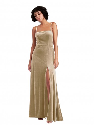 Champagne Trapèze Col Carré Velours Stretch Longue Formelles Robes demoiselle d'honneur / Robes de soirée / Robes de bal en Gros