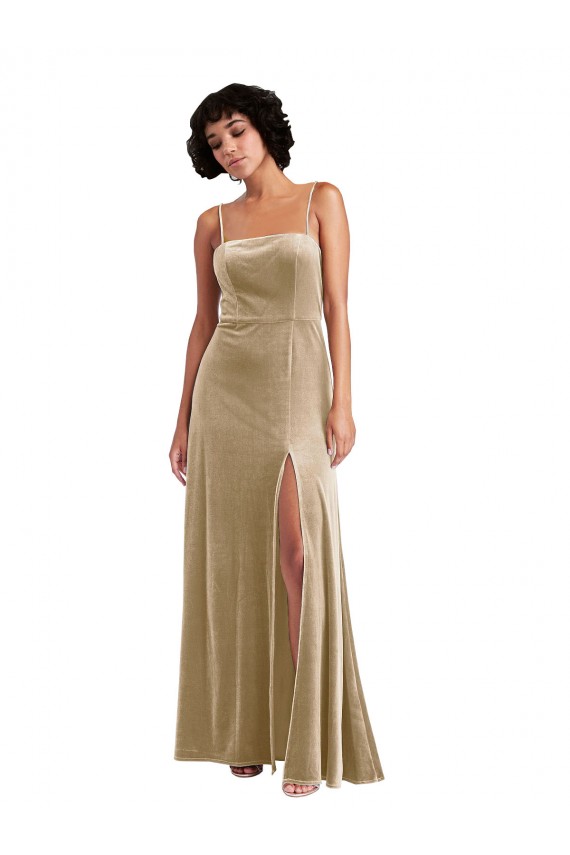 Champagne Trapèze Col Carré Velours Stretch Longue Formelles Robes demoiselle d'honneur / Robes de soirée / Robes de bal en Gros