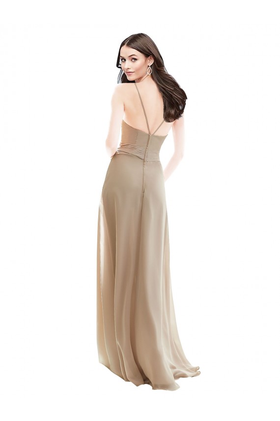 Champagne Trapèze Col Haut Mousseline Longue Robes demoiselle d'honneur en Gros