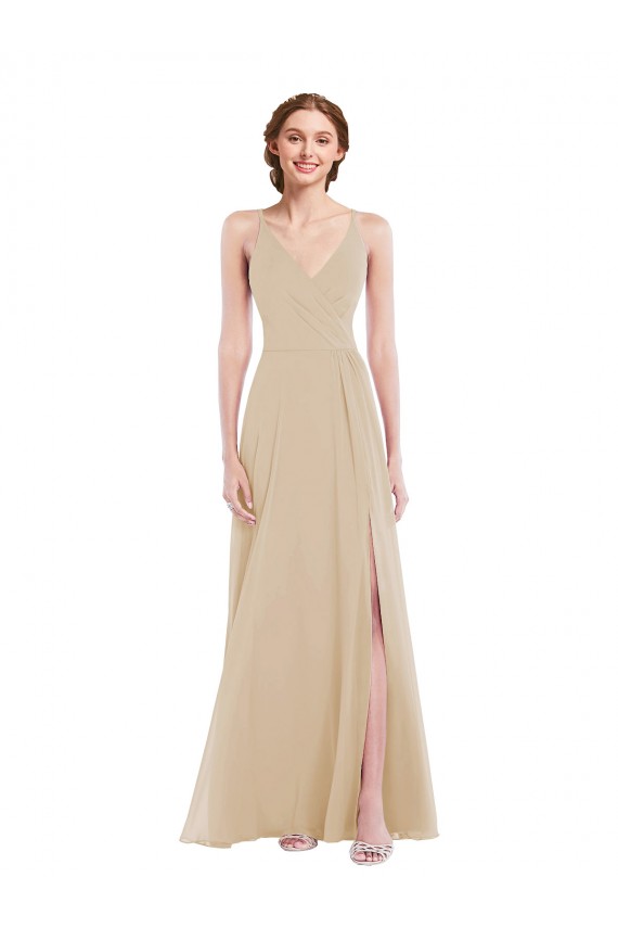 Champagne Trapèze Col V Mousseline Longue Robes demoiselle d'honneur en Gros