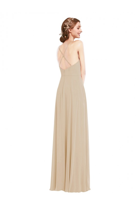 Champagne Trapèze Col V Mousseline Longue Robes demoiselle d'honneur en Gros