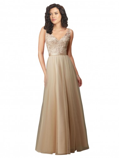 Champagne Trapèze Col V Tulle Dentelle Longue Robes demoiselle d'honneur en Gros