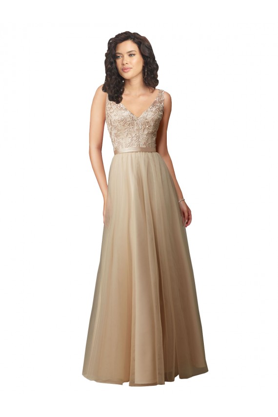 Champagne Trapèze Col V Tulle Dentelle Longue Robes demoiselle d'honneur en Gros