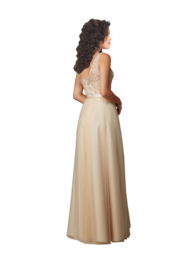 Champagne Trapèze Col V Tulle Dentelle Longue Robes demoiselle d'honneur en Gros