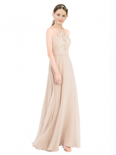Champagne Trapèze Licou Col Haut Mousseline Dentelle Longue Robes demoiselle d'honneur / Robes de bal en Gros