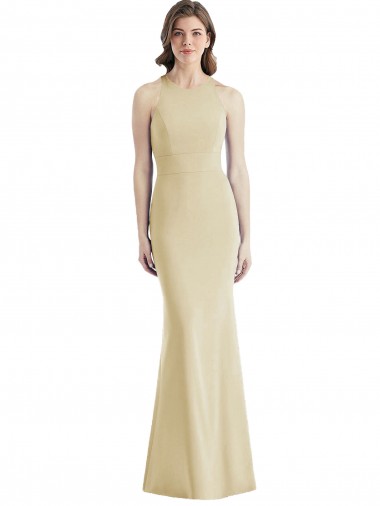 Champagne Trompette Bateau Crêpe Stretch Longue Robes demoiselle d'honneur / Robes de bal en Gros