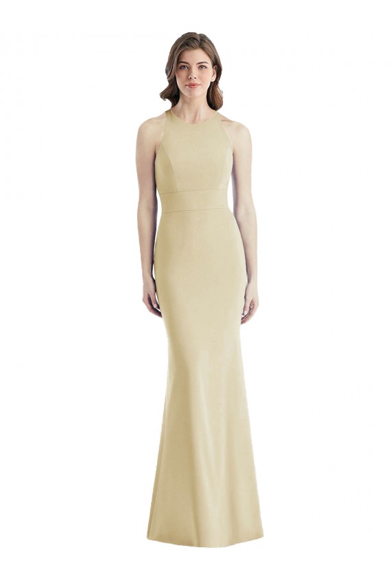 Champagne Trompette Bateau Crêpe Stretch Longue Robes demoiselle d'honneur / Robes de bal en Gros