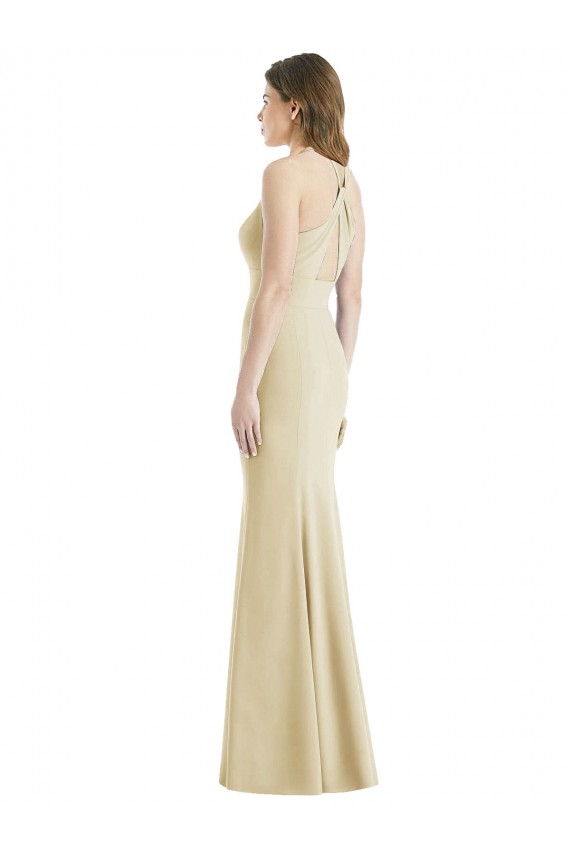 Champagne Trompette Bateau Crêpe Stretch Longue Robes demoiselle d'honneur / Robes de bal en Gros