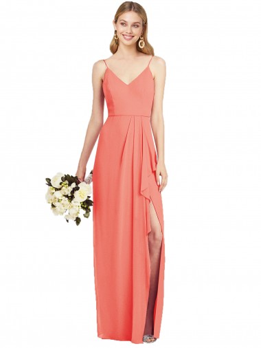 Corail Trompette Bretelles spaghetti Col V Mousseline Longue Robes demoiselle d'honneur en Gros