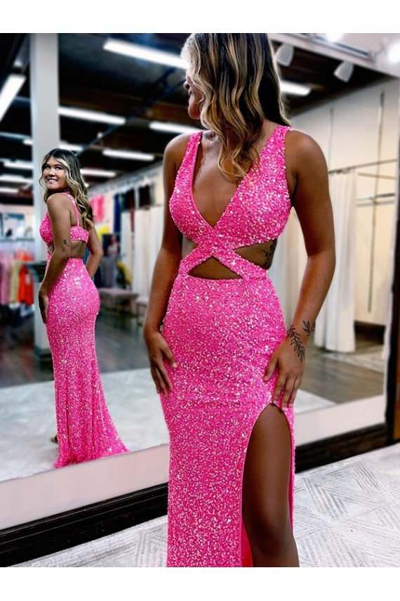Couleur affichée Fourreau Col V Balayage train Paillettes Velours Longue Robes de bal en Gros