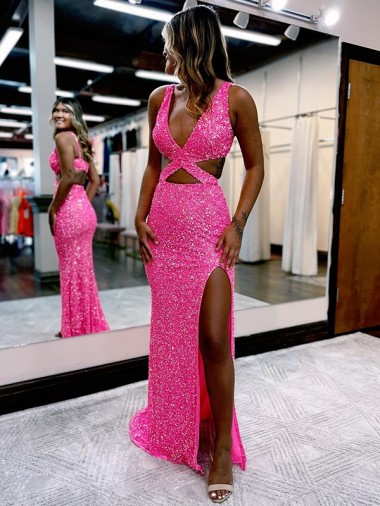 Couleur affichée Fourreau Col V Balayage train Paillettes Velours Longue Robes de bal en Gros