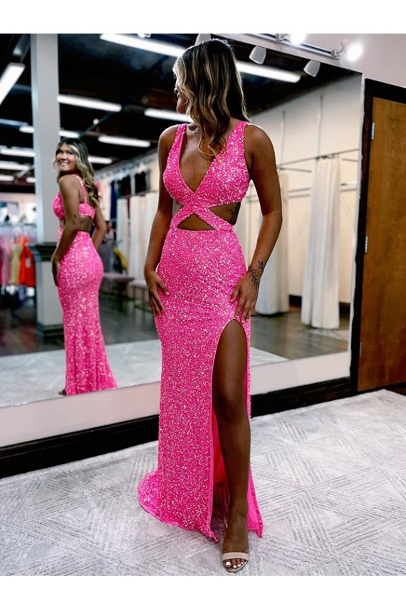 Couleur affichée Fourreau Col V Balayage train Paillettes Velours Longue Robes de bal en Gros