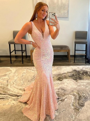 Couleur affichée Fourreau Col V Balayage train Paillettes Velours Longue Robes de bal en Gros